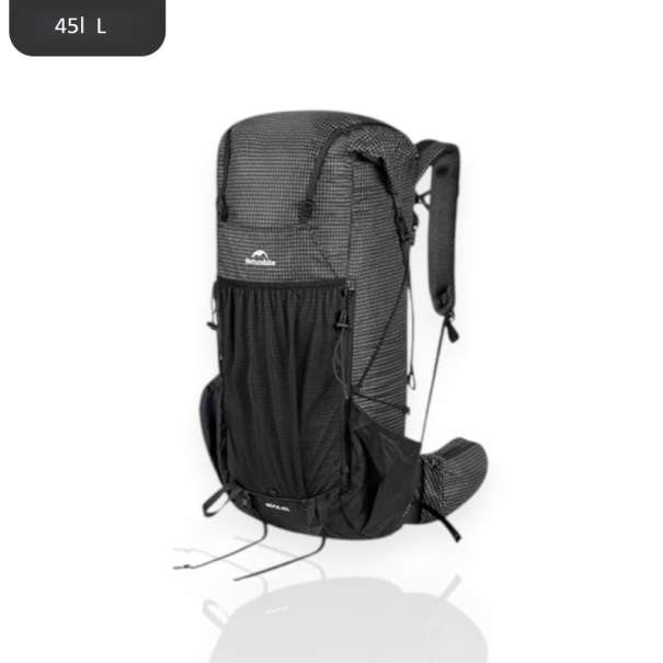 Turistický batoh 45 l s vestavěnou pláštěnkou Velikost L 28 x 18 x (65 + 25) cm Polyamid s polyethylenovými vlákny Na trekking a cestování černá