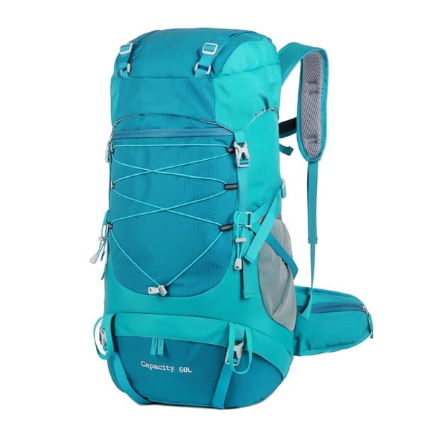 Turistický batoh 50 l s pláštenkou Odolný s bočnými kapsami na bedrovom páse a prednými šnúrkami Unisex Na trekking kemping tyrkysová