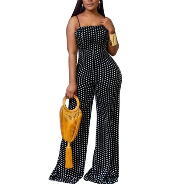 Tuta da donna a pois con pantaloni larghi spalline sottili legatura sul retro scollo a O in poliestere leggero nero XS