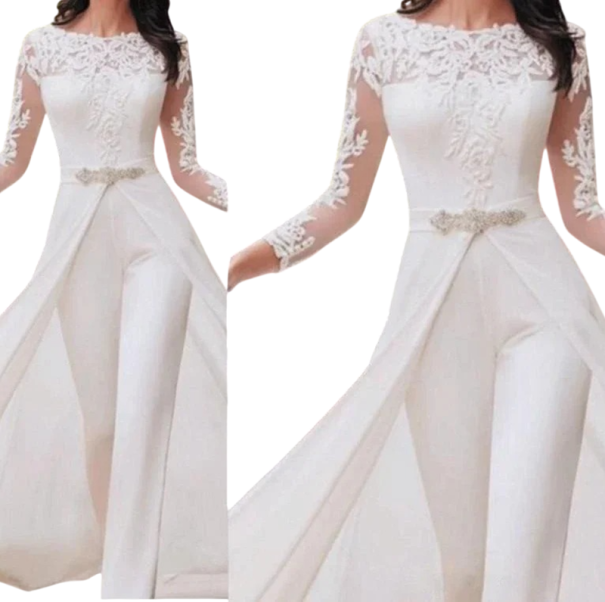 Tuta da donna bianca da sposa con strascico Maniche in pizzo Scollo a O Pantaloni lunghi Taglio elegante Poliestere Cotone XS