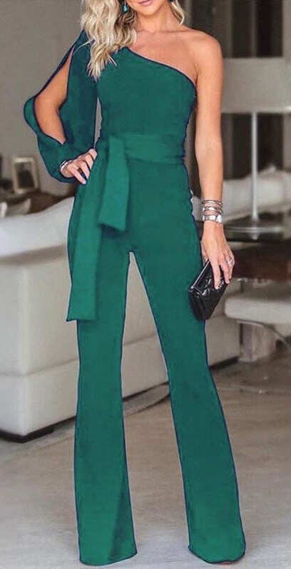 Tuta da donna con spalla scoperta verde scuro XL