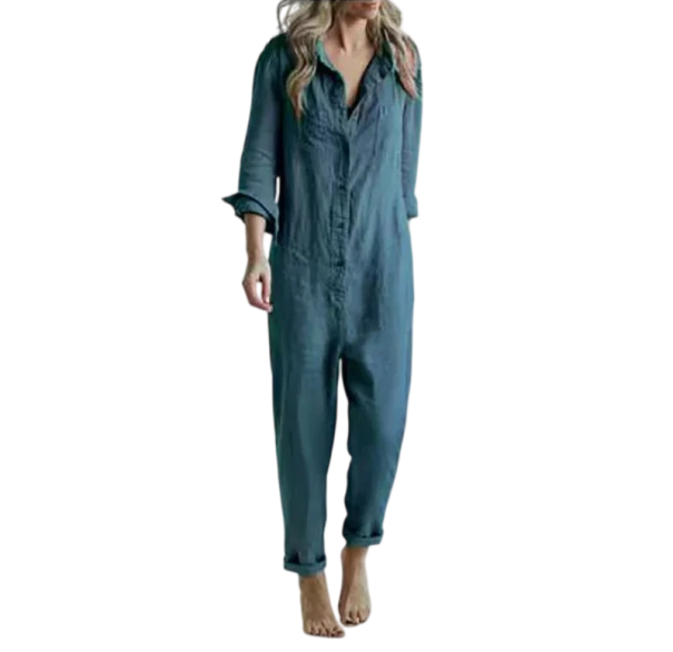 Tuta da donna monocolore con bottoni Colletto Scollo a V Pantaloni lunghi Taglio elegante Materiale poliestere cotone blu S