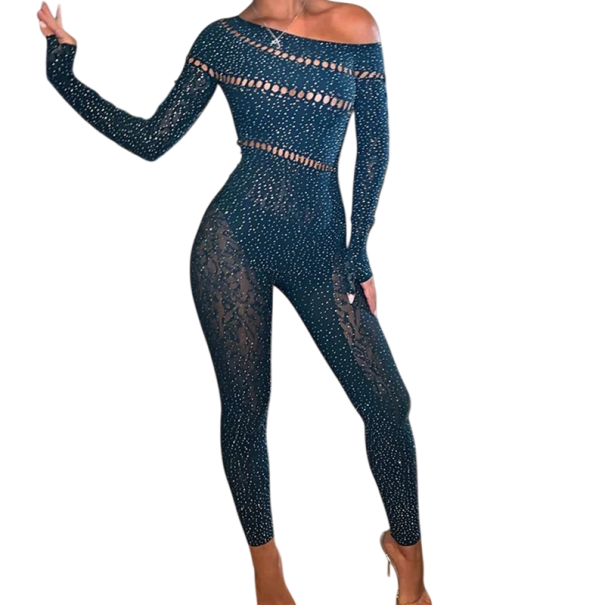 Tuta da donna taglia universale modello semitrasparente con strass scollatura a O maniche lunghe e pantaloni lunghi poliestere spandex blu scuro