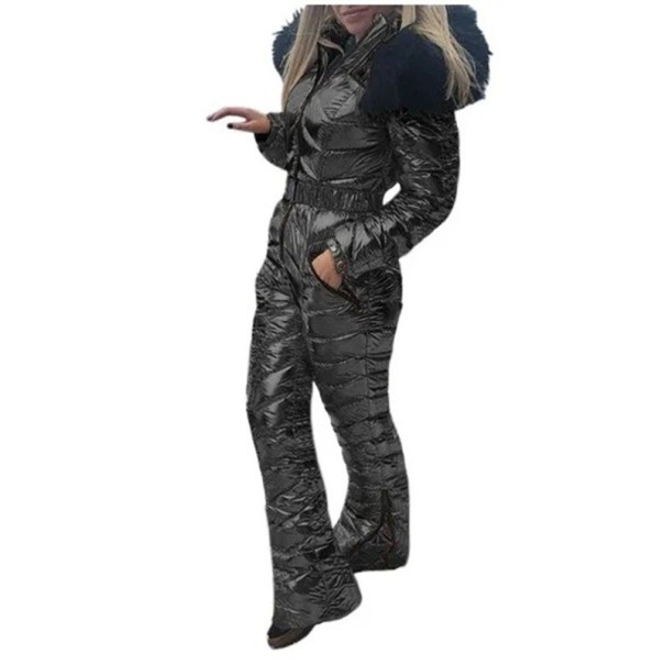 Tuta da donna unicolore lucida invernale per sci con cappuccio in pelliccia Pantaloni lunghi Taglio caldo Poliestere nero L