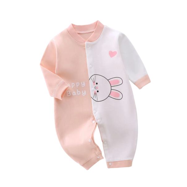 Tutina bianco-rosa per neonati Body in cotone con maniche lunghe e stampa di coniglio Scollo a V Chiusura con bottoni a pressione 0-3 mesi