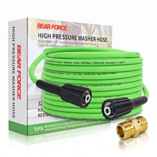 Tuyau haute pression pour nettoyeurs haute pression 10 m Embouts M22 14 et 15 mm 200 bar PVC souple Avec raccord en laiton Vert Pour le lavage 1