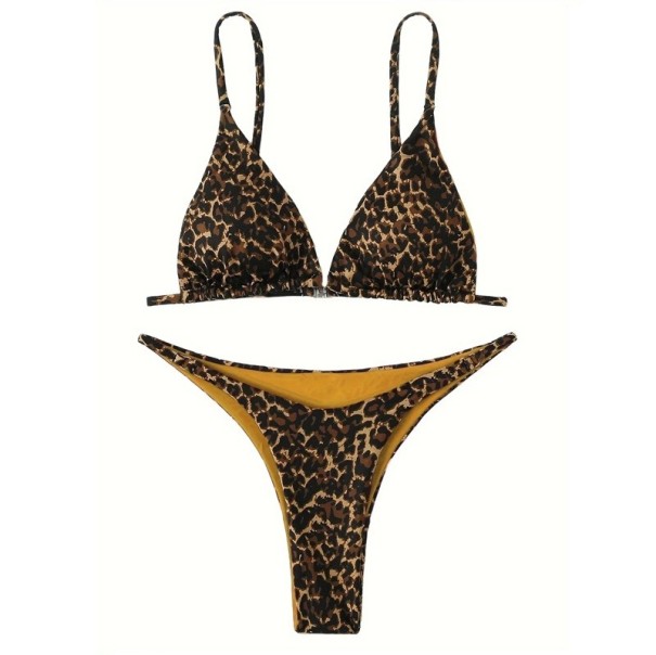 Tvådelad bikini för kvinnor med triangeltopp i leopardtryck med justerbara remmar och stringtrosor Badkläder för sommaren gul XS
