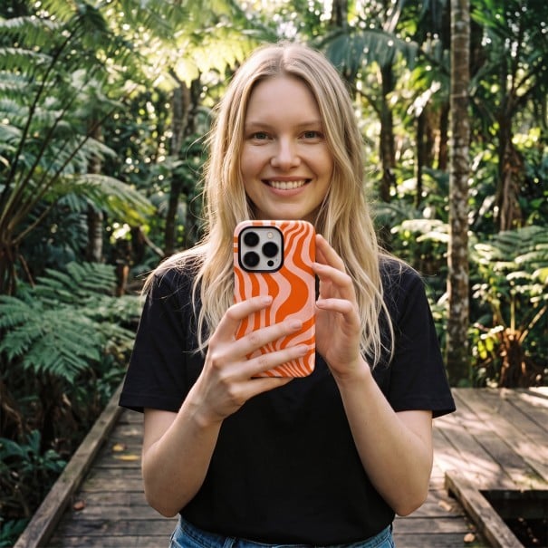 Tvålagers fodral för iPhone 16e Retro mönster av vågiga ränder Orange och puderrosa Stötsäkert och repbeständigt För varje dag 1