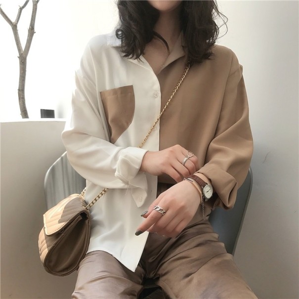 Tweekleurig damesshirt lichtbruin L