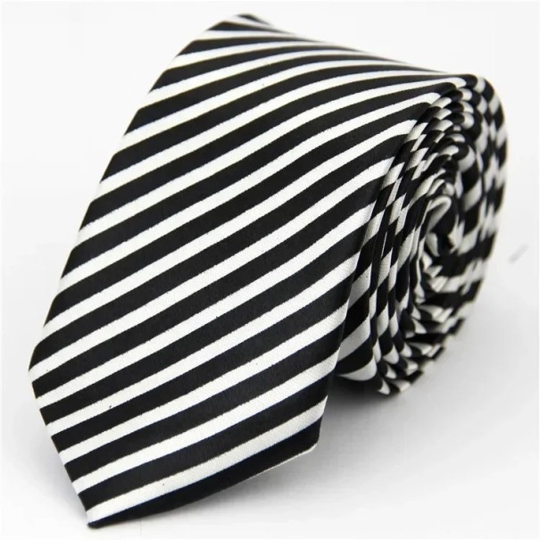 Tyndt sort-hvidstribet unisex slips 145 x 5 cm Elegant smalt slips Stilfuldt herre- og dameslips Modetilbehør til sociale og arbejdsmæssige outfits 1