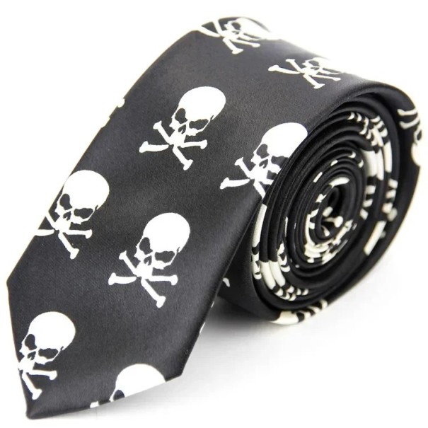 Tyndt sort unisex slips med kraniemotiv 145 x 5 cm Stilfuldt gotisk slips Kraniemønster Rock modetilbehør til mænd og kvinder til fester og koncerter 1
