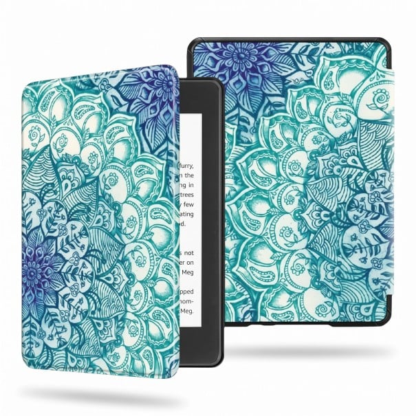 Tyrkysovomodert flipcover til 6 tommer Kindle 10. generation 2019 med håndtegnede blomster-mandalas og ornamenter med rem og folie 1