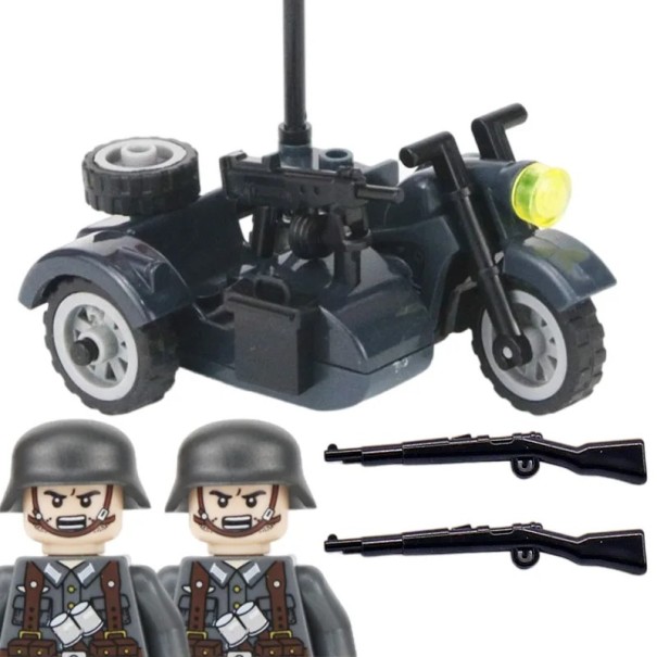 Tysk militærmotorcykelbyggesæt 7 x 5,5 x 7,5 cm med sidevogn Militærbyggesæt til børn 2 soldater med rifler Anden Verdenskrig 1
