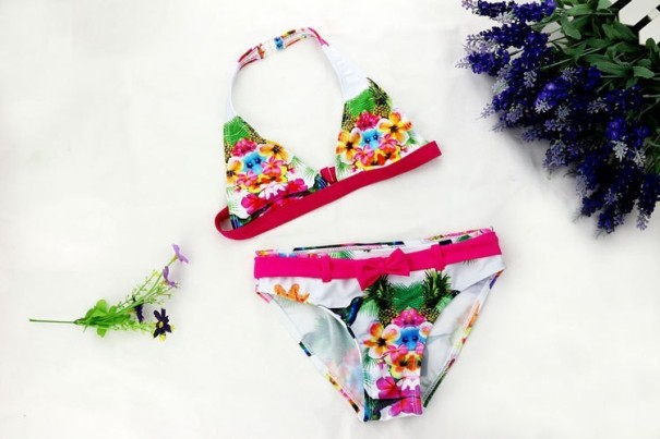 Tyttöjen kukkakuvioinen bikini rusetilla J1268 vaaleanpunainen 8