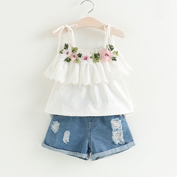 Tyttöjen setti - Kukallinen toppi ja shortsit - Valkoinen 3