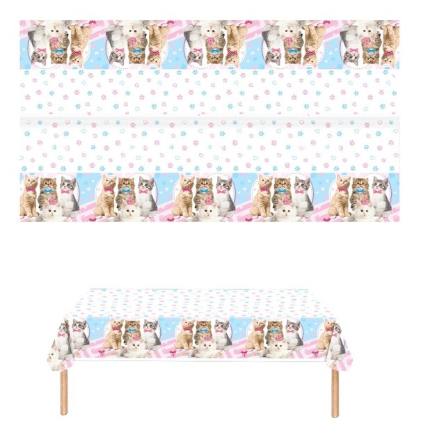 Ubrus na stůl 130 × 220 cm Party ubrus s motivem koťátek a tlapek Modro-růžový ubrus pro dětskou narozeninovou oslavu dekorace stolu 1