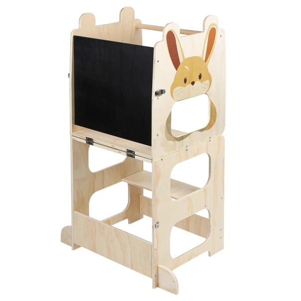 Učící věž 3v1 pro děti s králíkem a tabulí na kreslení 92 x 41 cm s madlem a stupni skládací na lavici se stolkem v přírodním dřevě 1