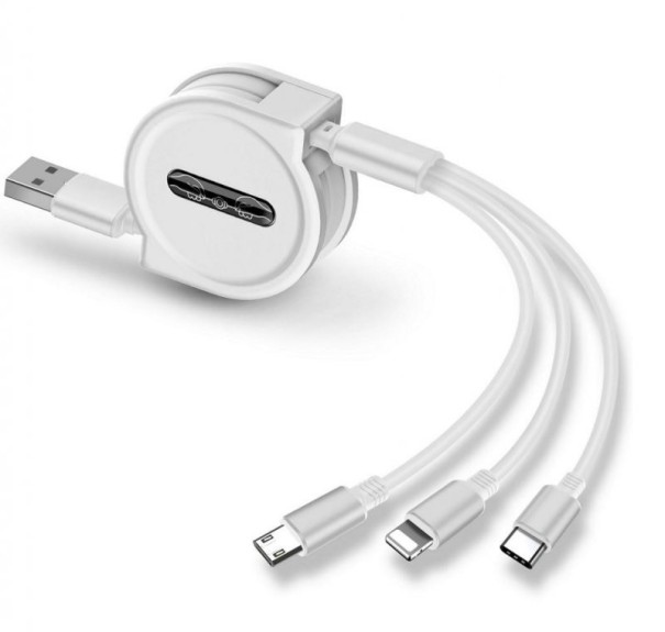 Udtrækkeligt USB-kabel Micro USB / USB-C / Lightning hvid