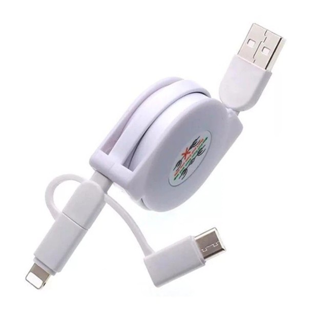 Udtrækkeligt USB til Micro USB / USB-C / Lightning datakabel hvid