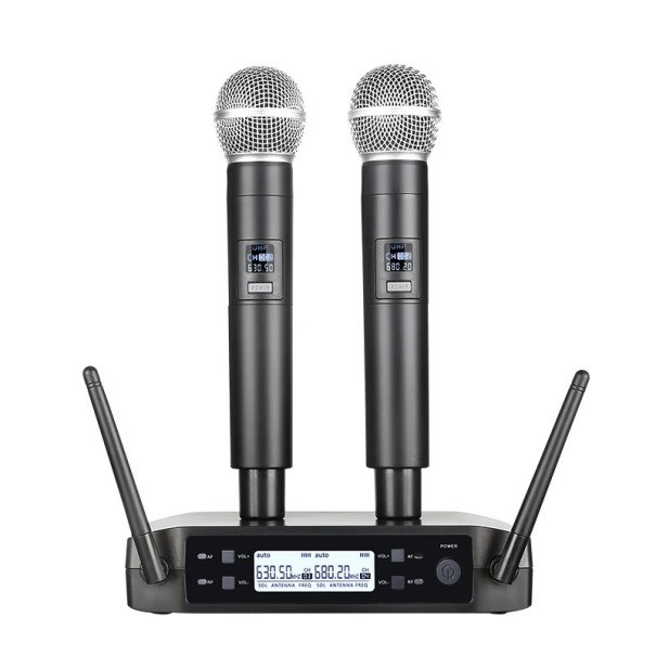 UHF Karaoke Set with Two Wireless Microphones Receiver with Antennas and Display for Frequency and Volume Control Black for Parties 1