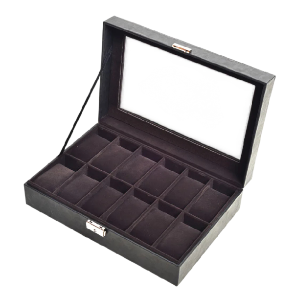 Uhrenbox mit 12 Fächern 30x20x8 cm PU Leder mit transparentem Deckel zur Aufbewahrung und Organisation von Uhren zu Hause braun