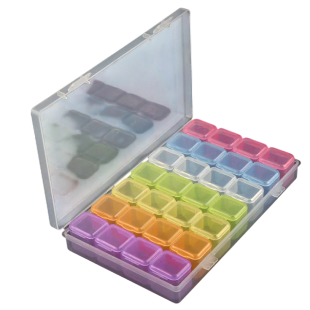 Úložná krabička organizér 28 přihrádek plastová průhledná s barevnými boxy pro třídění drobností a malých předmětů 1