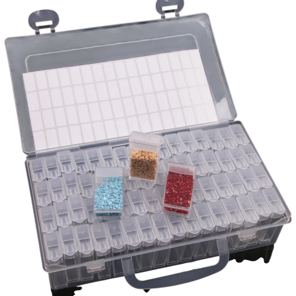 Úložná krabička organizér 64 přihrádek plastová průhledná s víkem a rukojetí pro třídění drobností, korálků a malých dílů 1