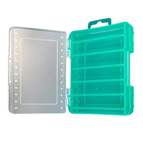 Úložný obojstranný box na rybárske háčiky a návnady 14 x 10,5 x 3 cm Kompaktná prenosná krabička s priehradkami Organizér na rybárske doplnky Pevný plastový box na rybárske vybavenie tyrkysová