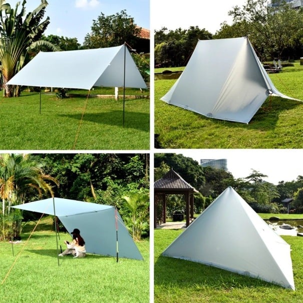 Ultralehká kempingová plachta tarp vodotěsná rozměr 5 x 3 m ze silikonem potaženého nylonu šedá jako stan pro 3 až 4 osoby na kemp 1