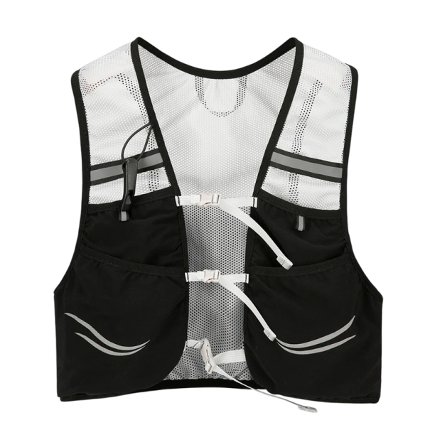 Ultralet unisex løbevest 40x19 cm til maraton, cykling og vandreture med reflekterende elementer, lommer og åndbar ryg. sort
