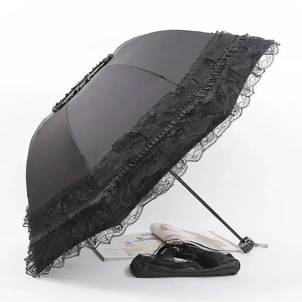Umbrelă gotică pliabilă cu dantelă UV protecție Umbrelă elegantă de soare cu dantelă Vintage parasol romantic împotriva soarelui accesoriu stilat negru