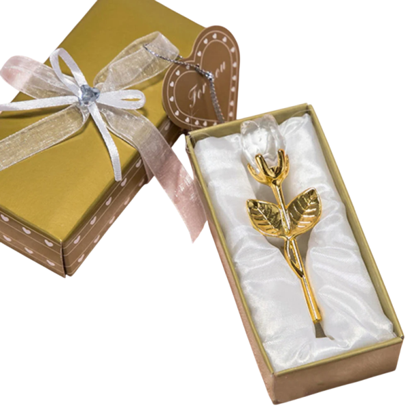 Umelá krištáľová ruža so zlatým stonkom v darčekovej krabičke 9 x 3 cm, zlatá krabička 3 x 5,5 x 12 cm biela