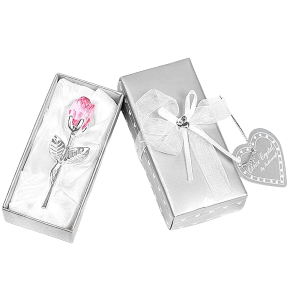 Umělá křišťálová růže se stříbrným stonkem 9 x 3 cm Dárková krabička 3 x 5,5 x 12 cm Elegantní dekorace pro dárky a interiéry růžová