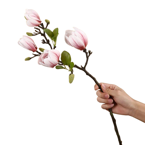 Umělá květina magnólie větev s poupaty 65 cm hedvábí růžová dekorativní květ do vázy a bytového aranžmá růžová