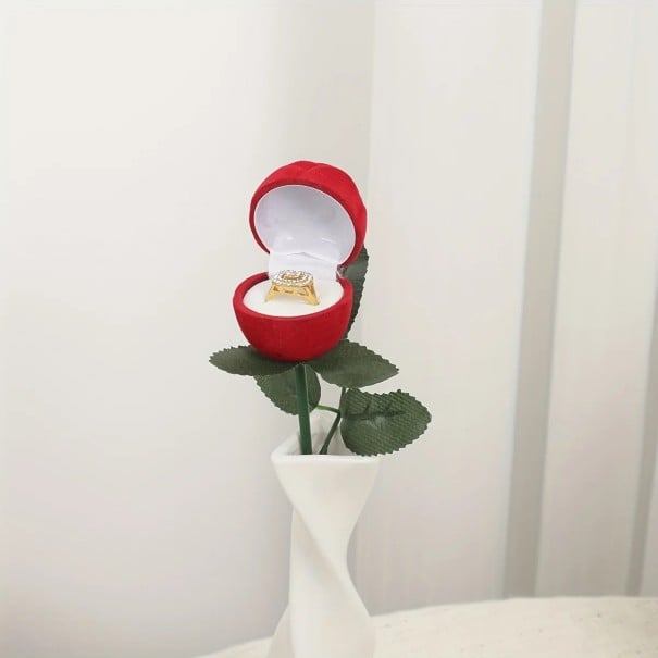 Umělá růže 2v1 krabička na prsten 25 cm sametový povrch červená romantické balení zásnubní prsten zásnubní dar 1