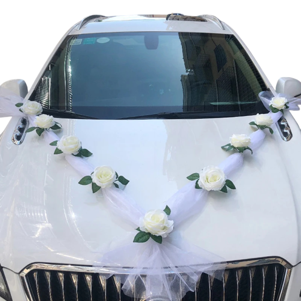 Umělá svatební květinová dekorace na auto růžové aranžmá 160 cm 2 ks ozdoba kapoty pro svatební vůz a slavnostní výzdobu bílá