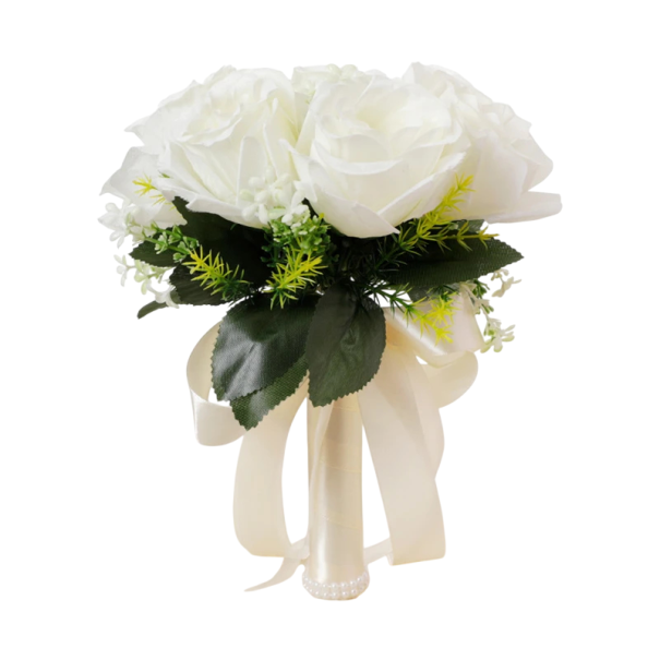 Umělá svatební kytice růžové aranžmá 24 cm polyester dekorativní květiny pro nevěstu obřad focení a svatební výzdobu bílá