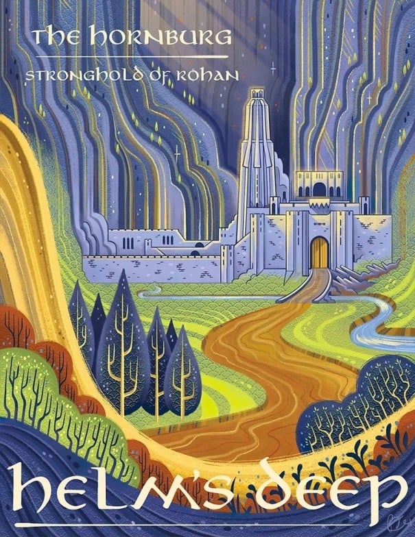 Umělecký plakát na zeď Hláskův důl Helm's Deep fantasy motiv 40 × 50 cm tisk na plátno modro-žluté provedení dekorace bez rámu 1