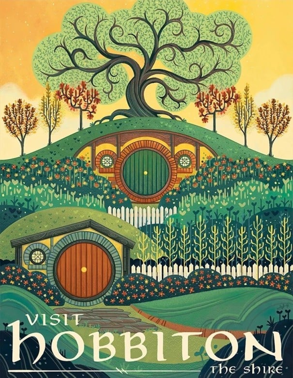 Umělecký plakát na zeď Hobitín fantasy motiv 40 × 60 cm tisk na plátno zeleno-oranžová krajina dekorace do interiéru bez rámu 1