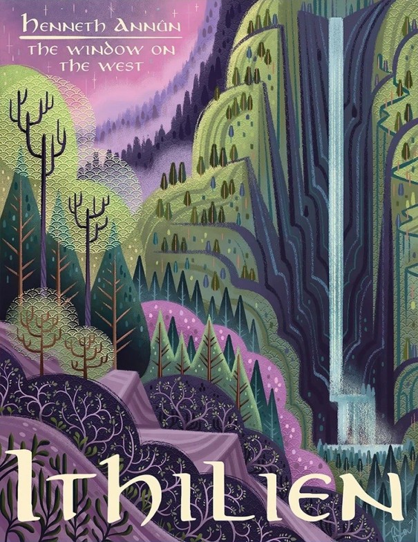 Umělecký plakát na zeď Ithilien země měsíce fantasy motiv 40 × 50 cm tisk na plátno zeleno-fialové provedení dekorace bez rámu 1