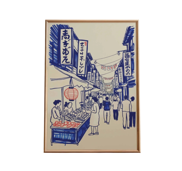 Umělecký plakát na zeď japonský trh s potravinami 30 × 40 cm tisk na plátno béžovo modrý ilustrace dekorace do interiéru bez rámu 1
