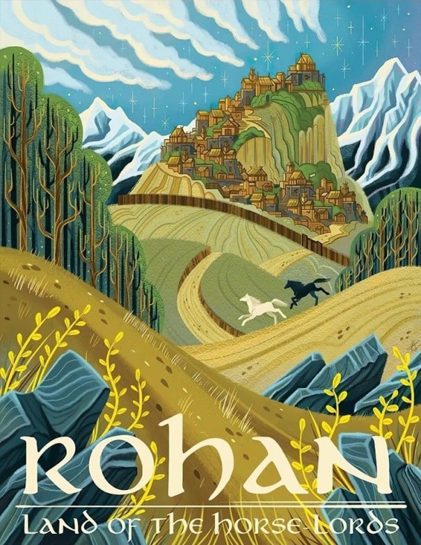 Umělecký plakát na zeď Rohan fantasy motiv 40 × 50 cm tisk na plátno zeleno-žlutá krajina dekorace do interiéru bez rámu 1