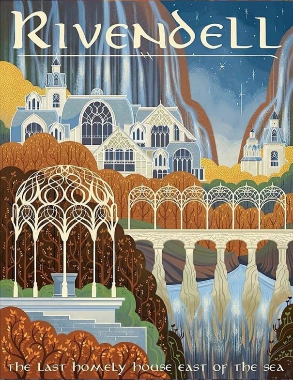 Umělecký plakát na zeď Roklinka Rivendell fantasy motiv 40 × 50 cm tisk na plátno modro-oranžové provedení dekorace do interiéru bez rámu 1