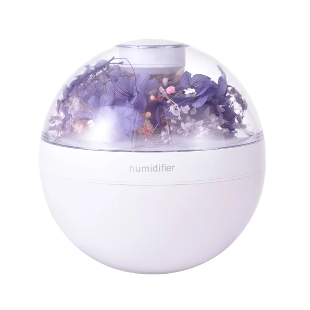 Umidificator de aer de 220 ml cu flori artificiale USB, lumină de noapte de 11 x 11 cm, difuzor de aromaterapie pentru decorațiuni interioare violet