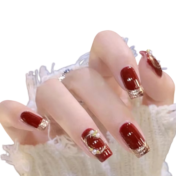 Uñas acrílicas festivas coffin tamaño mediano 24 unidades Detalles perlados Tips autoadhesivos Juego completo de uñas artificiales 1