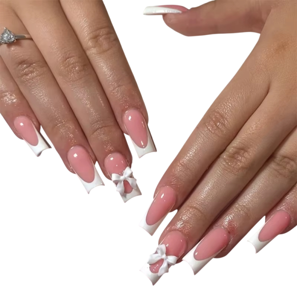 Uñas artificiales 24 unidades Tips cuadrados medianos Cobertura total Estilo francés Acrílicas autoadhesivas con lazos 3D 1