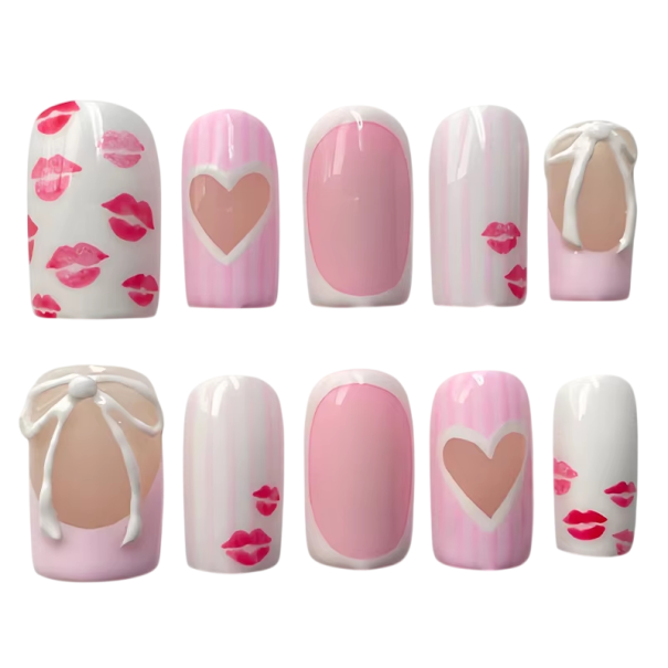 Uñas artificiales cuadradas 24 uds con esquinas redondeadas Kit de bricolaje de San Valentín con diseño de corazones Pegamento y lima Manicura 1