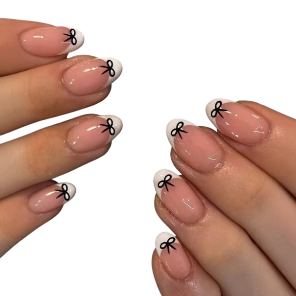 Uñas artificiales de almendra de lujo 24 unidades con bordes redondeados Manicura francesa con lazos Kit DIY con pegamento y lima Consejos elegantes 1