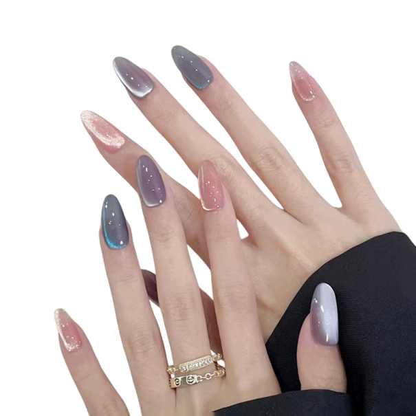 Unghie acriliche metalliche a forma di mandorla di media grandezza 24 pezzi design 3D unghie artificiali adesive indossabili per manicure domestica 1