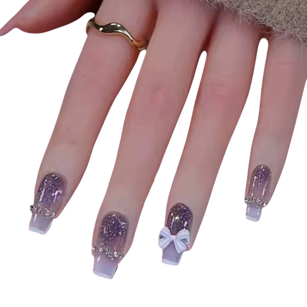 Unghie finte a forma coffin di dimensione media 24 pezzi Design glitterato Tips acrilici adesivi Set completo per le mani 1